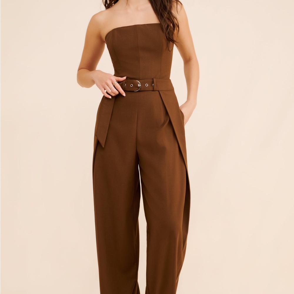 Astr Strapless Brown Belted Jumpsuit